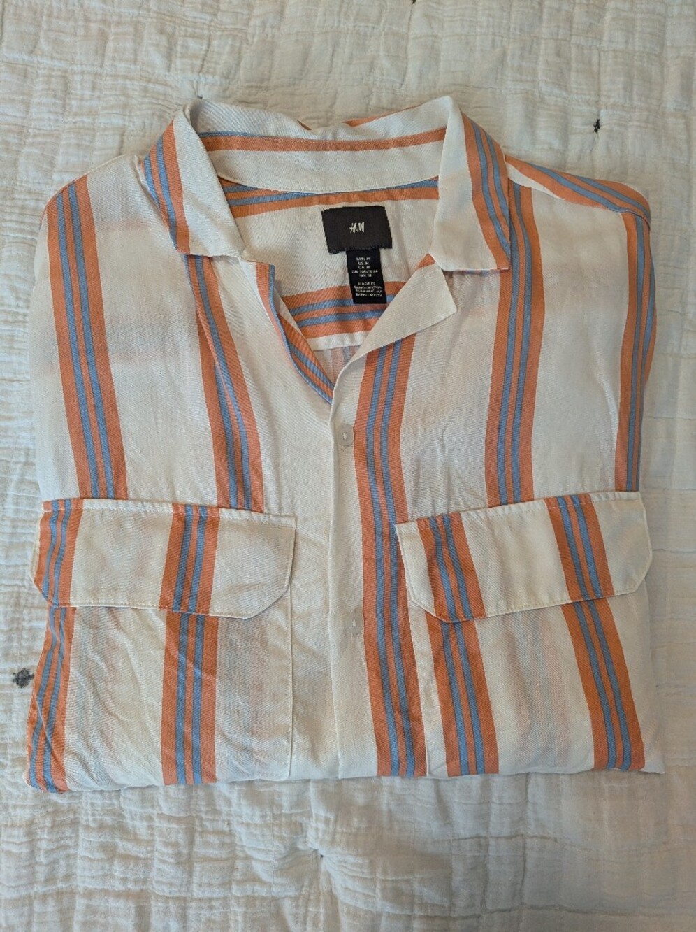 H&M White Button-Up Shirt with Orange and Blue Stripes